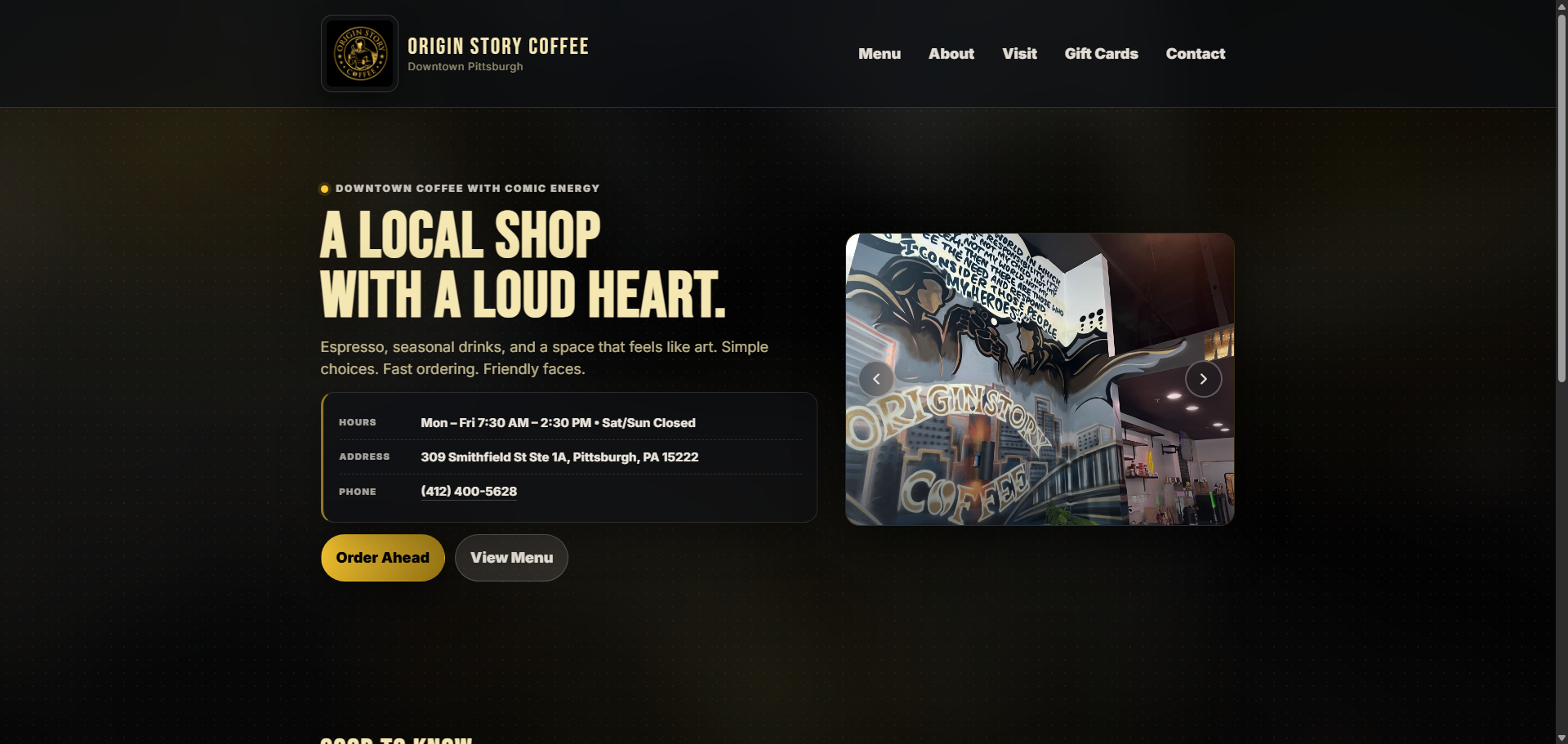 Desktop Origin Story Coffee homepage concept with hero section, shop details, and image carousel